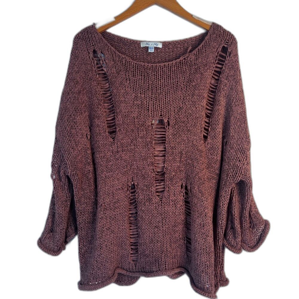 She & Sky Mauve Pink Oversized Destructed Distressed Knit Boho Sweater One Size